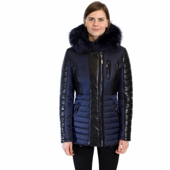 Belle Fare The Aspen Leather and Nylon Jacket with Silver Fox Trim L - Picture 1 of 14